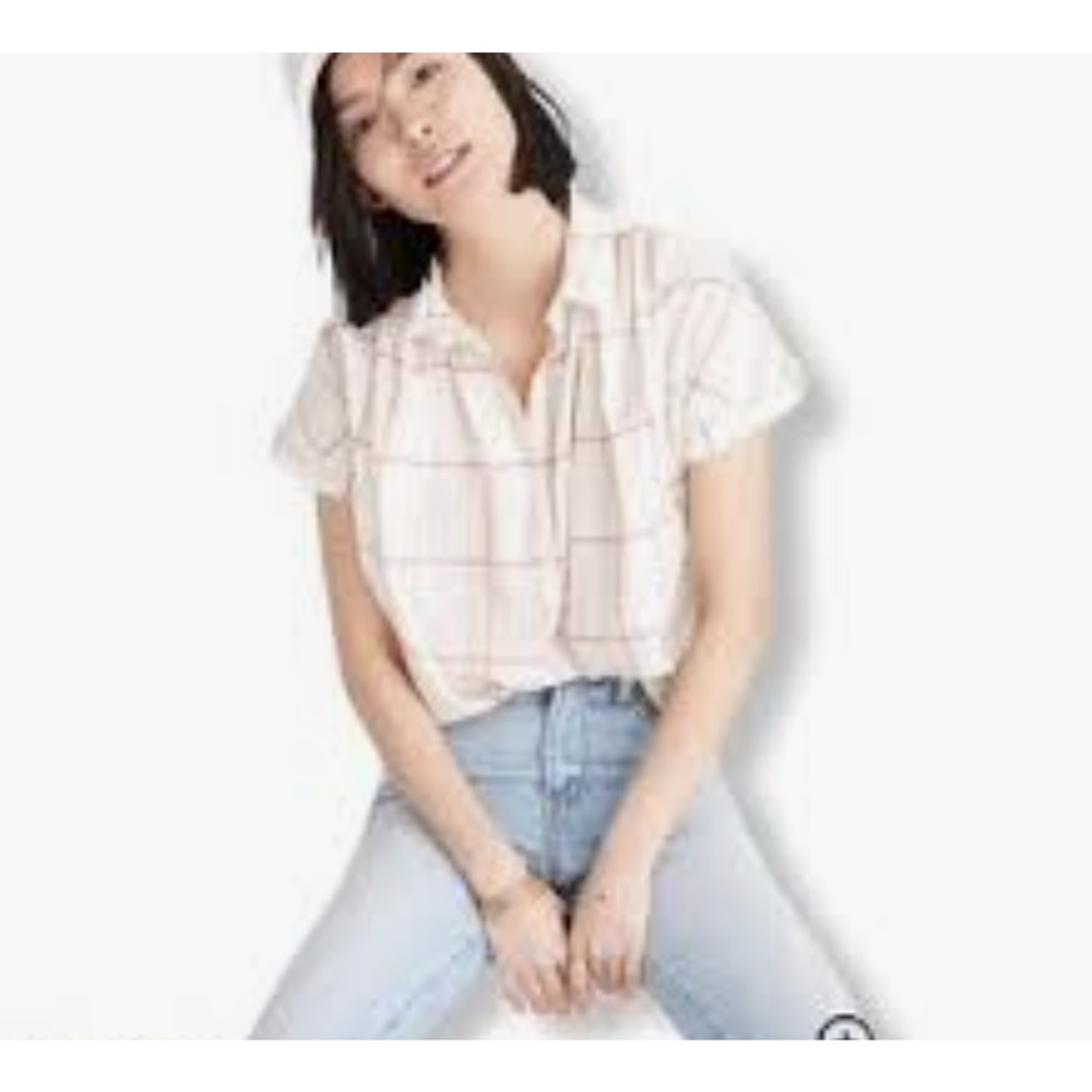Madewell Boxy Plaid Shirt Size M Short Sleeve Cuff Button Up Pleated Shoulder